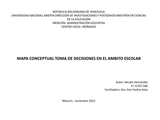 REPÚBLICA BOLIVARIANA DE VENEZUELA
UNIVERSIDAD NACIONAL ABIERTA DIRECCIÓN DE INVESTIGACIONES Y POSTGRADO MAESTRÍA EN CIENCIAS
DE LA EDUCACIÓN
MENCIÓN: ADMINISTRACIÓN EDUCATIVA
CENTRO LOCAL: MONAGAS
MAPA CONCEPTUAL TOMA DE DECISIONES EN EL AMBITO ESCOLAR
Autor: Neudis Hernández
CI: 9.937.586
Facilitadora: Dra. Ana Ysolina Soto
Maturín, noviembre 2015
 