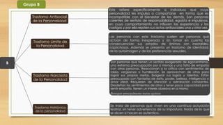 B
Trastorno Antisocial
de la Personalidad
Este refiere específicamente a individuos que cuya
personalidad les impulsa a comportarse en forma que es
incompatible con el bienestar de los demás. Son personas
carentes de sentido de responsabilidad, egoísta e impulsivas,
en cuyo comportamiento no influyen las experiencia y los
castigos y por ello repiten sus actos antisociales una y otra vez.
Trastorno Limite de
la Personalidad
Las personas con este trastorno suelen ser personas que
actúan de forma inesperada y sin tomar en cuenta las
consecuencias; sus estados de ánimos son inestables,
caprichosos. Además se presenta un trastorno de identidad,
de la autoimagen y de las preferencias sexuales.
Trastorno Narcisista
de la Personalidad
Son personas que tienen un sentido exagerado de egocentrismo,
una extrema preocupación por sí mismas y una falta de empatía
con otras personas. Reaccionan a la crítica con sentimientos de
rabia, vergüenza o humillación, Se aprovechan de otros para
lograr sus propias metas, Exagerar sus logros y talentos, Están
preocupado con fantasías de éxito, poder, belleza, inteligencia o
amor ideal, Requieren de atención y admiración constantes,
Desdeñan los sentimientos de otros y tener poca capacidad para
sentir empatía, tienen un interés obsesivo en sí mismo
Perseguir principalmente metas egoístas
Trastorno Histriónico
de la personalidad
Se trata de personas que viven en una continua actuación
teatral, sin tener advertencia de su impostura. Nada de lo que
se dicen o hacen es autentico.
Grupo B
 