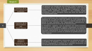 C
Trastorno de la
personalidad por
evitación
Las personas con tendencias de evitación inhibe la expresión de
sus impulsos, de sus deseos y de sus sentimientos; viven siempre
temerosas de fracasar, de ser humilladas o criticadas, y por tal
motivo evitan participar, competir, y aun cuando tengan
sensibilidad y talento, persiguen metas que están por debajo de
sus capacidades reales.
Trastorno de la
personalidad
por
dependencia
De esta se distingue dos modalidades: pasivo-receptoras y pasivo
agresivas. En un caso se trata de sujetos en cuya personalidad
predomina la tendencia a ser pasivo y a obtener siempre de los
demás lo que necesitan. Son dependientes, improductivos y
sienten agudamente el temor de ser desamparados.
La tendencia agresiva que se expresan por obstruccionismo,
renuencia a cumplir ordenes, ineficia y terquedad. La conducta
de esta personas expresa su hostilidad oculta que no se atreven a
descargar abiertamente. En las personas pasivas, las tendencias
agresivas se acentúan cuando no obtienen las gratificaciones que
creen merecer.
Trastorno
Obsesivo-
compulsivo de la
Personalidad
El sujeto es frugal, escrupuloso y obcecado. Su adhesión al orden, la
puntualidad, la limpieza y la rutina e conspicua. Se trata de
personas despegadas e inhibidas en su expresión emocional, con
una tendencia acusada a la indecisión y duda.
Grupo C
 