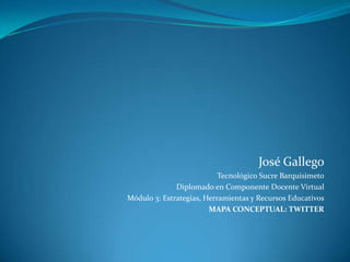 José Gallego Tecnológico Sucre Barquisimeto Diplomado en Componente Docente Virtual Módulo 3: Estrategias, Herramientas y Recursos Educativos MAPA CONCEPTUAL: TWITTER 