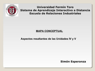 Universidad Fermín Toro
Sistema de Aprendizaje Interactivo a Distancia
Escuela de Relaciones Industriales
Aspectos resaltantes de las Unidades IV y V
Simón Esperanza
MAPA CONCEPTUAL
 