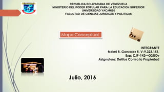 REPUBLICA BOLIVARIANA DE VENEZUELA
MINISTERIO DEL PODER POPULAR PARA LA EDUCACION SUPERIOR
UNIVERSIDAD YACAMBÚ
FACULTAD DE CIENCIAS JURIDICAS Y POLITICAS
INTEGRANTE
Neimi R. Gonzalez R. V-9.323.151,
Exp: CJP-142—00550v
Asignatura: Delitos Contra la Propiedad
Julio, 2016
Mapa Conceptual
 