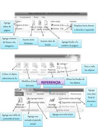 Agrega
saltos de
página
Agrega número
de líneas a las
márgenes
Inserta texto
fantasma
Inserta color de
fondo
Agrega borde o la
cambia a la página
Desplaza hacia dentro
o derecha e izquierda
Coloca el objeto
selecciona en la
pagina Modifica el fondo
del texto
Muestra el panel
de sección para
ayudar a escoger
objetos
Alinea los bordes de
los objetos
Gira o volta
los objetos
Agrega una tabla de
contenido al texto
Agrega una
entrada al párrafo
actual
Agrega una nota al pie
Agrega
una nota
final al
documen
to
 