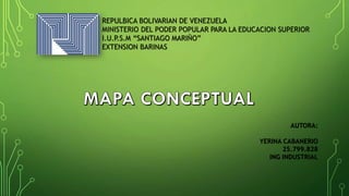 REPULBICA BOLIVARIAN DE VENEZUELA
MINISTERIO DEL PODER POPULAR PARA LA EDUCACION SUPERIOR
I.U.P.S.M “SANTIAGO MARIÑO”
EXTENSION BARINAS
AUTORA:
YERINA CABANERIO
25.799.828
ING INDUSTRIAL
 