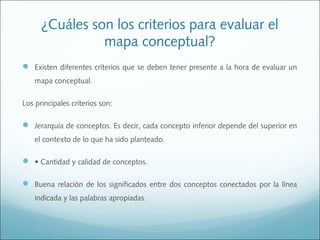 ¿Cuáles son los criterios para evaluar el
mapa conceptual?
 Existen diferentes criterios que se deben tener presente a la hora de evaluar un
mapa conceptual.
Los principales criterios son:

 Jerarquía de conceptos. Es decir, cada concepto inferior depende del superior en
el contexto de lo que ha sido planteado.

 • Cantidad y calidad de conceptos.
 Buena relación de los significados entre dos conceptos conectados por la línea
indicada y las palabras apropiadas .

 