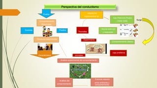 Perspectiva del conductismo
Evalúa
Comportamiento
Observable
Controla Predice
Conducta determinada
Característica
estudia los
experimentos de
Comportamiento clásico
Asocia estimulo
y respuesta
Ivan Petrovich Pavlov
(1849-1936)
Análisis experimental del comportamiento
Análisis del
comportamiento
Formula relación
entre ambiente y
comportamiento
Surge
Thorndike
Experimento
animales
caja problema
 