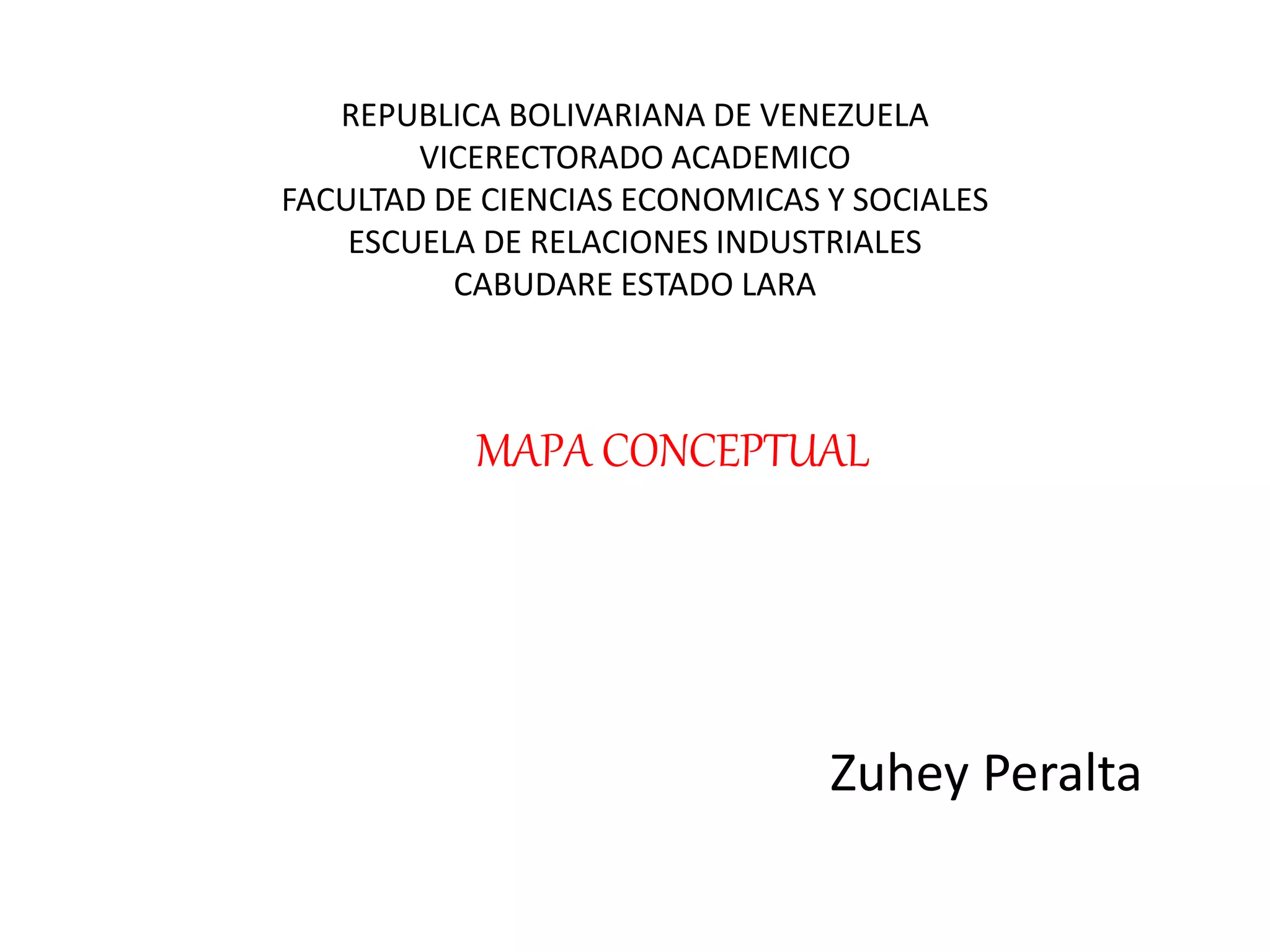 REPUBLICA BOLIVARIANA DE VENEZUELA
VICERECTORADO ACADEMICO
FACULTAD DE CIENCIAS ECONOMICAS Y SOCIALES
ESCUELA DE RELACIONES INDUSTRIALES
CABUDARE ESTADO LARA
MAPA CONCEPTUAL
Zuhey Peralta