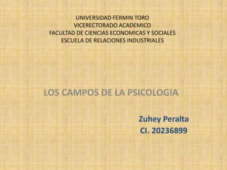 UNIVERSIDAD FERMIN TORO 
VICERECTORADO ACADEMICO 
FACULTAD DE CIENCIAS ECONOMICAS Y SOCIALES 
ESCUELA DE RELACIONES INDUSTRIALES 
LOS CAMPOS DE LA PSICOLOGIA 
Zuhey Peralta 
CI. 20236899 
 