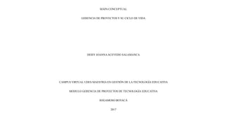 MAPA CONCEPTUAL
GERENCIA DE PROYECTOS Y SU CICLO DE VIDA
DEISY JOANNAACEVEDO SALAMANCA
CAMPUS VIRTUAL UDES MAESTRIA EN GESTIÓN DE LA TECNOLOGÍA EDUCATIVA
MODULO GERENCIA DE PROYECTOS DE TECNOLOGÍA EDUCATIVA
SOGAMOSO BOYACÁ
2017