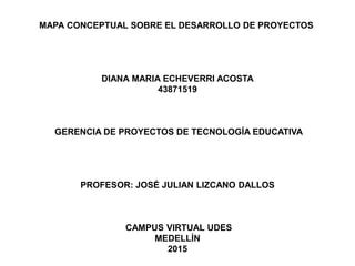 MAPA CONCEPTUAL SOBRE EL DESARROLLO DE PROYECTOS
DIANA MARIA ECHEVERRI ACOSTA
43871519
GERENCIA DE PROYECTOS DE TECNOLOGÍA EDUCATIVA
PROFESOR: JOSÉ JULIAN LIZCANO DALLOS
CAMPUS VIRTUAL UDES
MEDELLÍN
2015
 