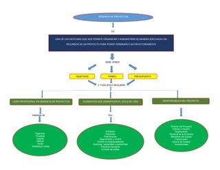 ES
DEBE TENER
Y TODO ESTO REQUIERE
Habilidad de Son
GERENCIA DE PROYECTOS
UNA DE LAS DICIPLINAS QUE NOS PERMITE ORGANICAR Y ADMINISTRAR DE MANERA ADECUADA LOS
RECURSOS DE UN PROYECTO PARA PODER TERMINARLO SATISFACTORIAMENTE
OBJETIVOS TIEMPO PRESUPUESTO
LIDER PROFESIONAL EN GERENCIA DE PROYECTOS ELEMENTOS QUE GARANTICEN EL CICLO DE VIDA RESPONSABLES DEL PROYECTO
Organizar
Focalizar
Inspirar
Motivar
Incitar
Establecer metas
Iniciación
Ejecución
Planificación
Seguimiento y control
Costos no presupuestados
Acciones requeridas y preventivas
Personal necesario
Cumplir las metas
Director del Proyecto
Cliente o Usuario
Organización
Personal de la Empresa
Miembros del Equipo
Patrocinador
Oficina de Gestión
Inversionistas
 