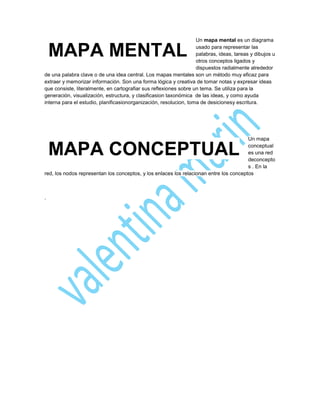 Un mapa mental es un diagrama
usado para representar las
palabras, ideas, tareas y dibujos u
otros conceptos ligados y
dispuestos radialmente alrededor
de una palabra clave o de una idea central. Los mapas mentales son un método muy eficaz para
extraer y memorizar información. Son una forma lógica y creativa de tomar notas y expresar ideas
que consiste, literalmente, en cartografiar sus reflexiones sobre un tema. Se utiliza para la
generación, visualización, estructura, y clasificasion taxonómica de las ideas, y como ayuda
interna para el estudio, planificasionorganización, resolucion, toma de desicionesy escritura.
Un mapa
conceptual
es una red
deconcepto
s . En la
red, los nodos representan los conceptos, y los enlaces los relacionan entre los conceptos
.
MAPA MENTAL
MAPA CONCEPTUAL
 