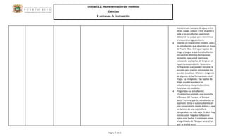 Unidad 3.2: Representación de modelos 
Ciencias 
3 semanas de instrucción 
Página 5 de 12 
ecosistemas, cuerpos de agua, entre otras. Luego, juegue a tirar el globo y pida a los estudiantes que miren debajo de su pulgar para determinar si encuentran agua o tierra. 
• Usando un mapa como modelo, pida a los estudiantes que observen un mapa de Puerto Rico. Entregue tapitas de bingo y juegue a que los estudiantes encuentren distintos formaciones terrestres que usted mencione, colocando sus tapitas de bingo en el lugar correspondiente. Seleccione formaciones que queden cerca de la escuela para que los estudiantes los puedan visualizar. Muestre imágenes de algunos de las formaciones en el mapa. Las imágenes y las tapitas de bingo pueden ayudar a los estudiantes a comprender cómo funcionan los modelos. 
• Pregunte a sus estudiantes: 
¿Cuántos han visitado una montaña, el Bosque del Yunque, el Bosque Seco? Permita que los estudiantes se expresen. Dirija a sus estudiantes en una conversación dando énfasis a que en la cima de una montaña la temperatura es más baja. Es decir hay menos calor. Hágalos reflexionar sobre este hecho. Cuestiónele sobre el significado de “Bosque Seco. ¿Por qué se le dirá seco?  