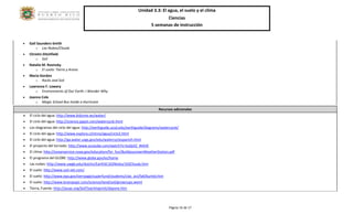 Unidad 3.3: El agua, el suelo y el clima 
Ciencias 
5 semanas de instrucción 
Página 16 de 17 
 Gail Saunders-Smith 
o Las Nubes/Clouds 
 Christin Ditchfield 
o Soil 
 Natalie M. Rosinsky 
o El suelo: Tierra y Arena 
 Maria Gordon 
o Rocks and Soil 
 Lawrence F. Lowery 
o Environments of Our Earth: I Wonder Why 
 Joanna Cole 
o Magic School Bus Inside a Hurricane 
Recursos adicionales 
 El ciclo del agua: http://www.kidzone.ws/water/ 
 El ciclo del agua: http://science.pppst.com/watercycle.html 
 Los diagramas del ciclo del agua: http://earthguide.ucsd.edu/earthguide/diagrams/watercycle/ 
 El ciclo del agua: http://www.explora.cl/otros/agua/ciclo2.html 
 El ciclo del agua: http://ga.water.usgs.gov/edu/watercyclespanish.html 
 El proyecto del tornado: http://www.youtube.com/watch?v=SuQs5Z_WAVE 
 El clima: http://oceanservice.noaa.gov/education/for_fun/BuildyourownWeatherStation.pdf 
 El programa del GLOBE: http://www.globe.gov/es/home 
 Las nubes: http://www.uwgb.edu/dutchs/EarthSC102Notes/102Clouds.htm 
 El suelo: http://www.soil-net.com/ 
 El suelo: http://www.epa.gov/oerrpage/superfund/students/clas_act/fall/buried.htm 
 El suelo: http://www.brainpopjr.com/science/land/soil/grownups.weml 
 Tierra, Fuente: http://pssac.org/SoilTeachingUnit/dayone.htm 
 
