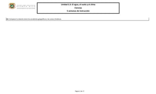 Unidad 3.3: El agua, el suelo y el clima 
Ciencias 
5 semanas de instrucción 
Página 2 de 17 
A3. Comparar la relación entre los accidentes geográficos y las zonas climáticas. 
 