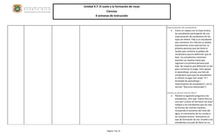 Unidad 4.7: El suelo y la formación de rocas 
Ciencias 
4 semanas de instrucción 
Página 7 de 14 
Improvisación de vocabulario 
 Como un repaso con la clase entera, los estudiantes participarán de una improvisación de vocabulario de los tipos de relieve. Pida a un estudiante que comience; él o ella lee su tarjeta exactamente como está escrita. La próxima persona que lea tiene la tarjeta que contiene la palabra de vocabulario para la definición que se leyó. Los estudiantes continúan leyendo sus tarjetas hasta que regresan a la primera persona que leyó. No importa qué definición se lea para comenzar el juego. Para apoyar el aprendizaje, provea una lista de vocabulario para que los estudiantes la utilicen al jugar (ver anejo “4.7 Actividad de aprendizaje – Improvisación de vocabulario”; ver la sección “Recursos adicionales”). 
¿Cómo se formó Puerto Rico? 
 Plantee la siguiente pregunta a los estudiantes: ¿Por qué Puerto Rico es una isla? ¿Cómo se formaron las islas? Indique a los estudiantes que las islas se forman de muchas maneras, incluyendo el aumento del nivel del agua, el crecimiento de los corales y los volcanes activos. Demuestre un tipo de formación de isla. Enseñe a los estudiantes una pila de libros en un  