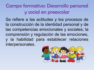 Campo formativo: Desarrollo personal
y social en preescolar
Se refiere a las actitudes y los procesos de
la construcción de la identidad personal y de
las competencias emocionales y sociales; la
comprensión y regulación de las emociones,
y la habilidad para establecer relaciones
interpersonales.

 