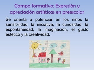 Campo formativo: Expresión y
apreciación artísticas en preescolar
Se orienta a potenciar en los niños la
sensibilidad, la iniciativa, la curiosidad, la
espontaneidad, la imaginación, el gusto
estético y la creatividad.

 