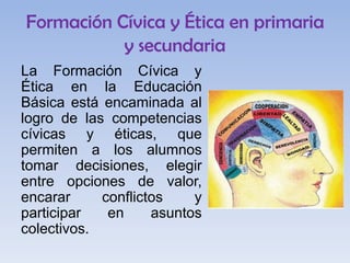 Formación Cívica y Ética en primaria
y secundaria
La Formación Cívica y
Ética en la Educación
Básica está encaminada al
logro de las competencias
cívicas y éticas, que
permiten a los alumnos
tomar decisiones, elegir
entre opciones de valor,
encarar
conflictos
y
participar
en
asuntos
colectivos.

 