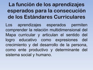 La función de los aprendizajes
esperados para la consecución
de los Estándares Curriculares
Los aprendizajes esperados permiten
comprender la relación multidimensional del
Mapa curricular y articulan el sentido del
logro educativo como expresiones del
crecimiento y del desarrollo de la persona,
como ente productivo y determinante del
sistema social y humano.

 