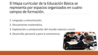 El Mapa curricular de la Educación Básica se
representa por espacios organizados en cuatro
campos de formación.
1. Lenguaje y comunicación.
2. Pensamiento matemático.
3. Exploración y comprensión del mundo natural y social.
4. Desarrollo personal y para la convivencia.
 