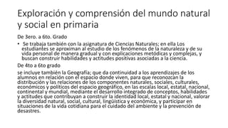 Exploración y comprensión del mundo natural
y social en primaria
De 3ero. a 6to. Grado
• Se trabaja también con la asignatura de Ciencias Naturales; en ella Los
estudiantes se aproximan al estudio de los fenómenos de la naturaleza y de su
vida personal de manera gradual y con explicaciones metódicas y complejas, y
buscan construir habilidades y actitudes positivas asociadas a la ciencia.
De 4to a 6to grado
se incluye también la Geografía; que da continuidad a los aprendizajes de los
alumnos en relación con el espacio donde viven, para que reconozcan la
distribución y las relaciones de los componentes naturales, sociales, culturales,
económicos y políticos del espacio geográfico, en las escalas local, estatal, nacional,
continental y mundial, mediante el desarrollo integrado de conceptos, habilidades
y actitudes que contribuyan a construir la identidad local, estatal y nacional, valorar
la diversidad natural, social, cultural, lingüística y económica, y participar en
situaciones de la vida cotidiana para el cuidado del ambiente y la prevención de
desastres.
 