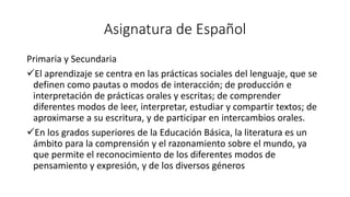 Asignatura de Español
Primaria y Secundaria
El aprendizaje se centra en las prácticas sociales del lenguaje, que se
definen como pautas o modos de interacción; de producción e
interpretación de prácticas orales y escritas; de comprender
diferentes modos de leer, interpretar, estudiar y compartir textos; de
aproximarse a su escritura, y de participar en intercambios orales.
En los grados superiores de la Educación Básica, la literatura es un
ámbito para la comprensión y el razonamiento sobre el mundo, ya
que permite el reconocimiento de los diferentes modos de
pensamiento y expresión, y de los diversos géneros
 