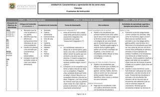 Unidad K.6: Características y apreciación de los seres vivos 
Ciencias 
4 semanas de instrucción 
Página 5 de 15 
ETAPA 1 – (Resultados esperados) ETAPA 2 – (Evidencia de assessment) ETAPA 3 – (Plan de aprendizaje) Alineación de Objetivos de Aprendizaje Enfoque de Contenido (El estudiante…) Vocabulario de Contenido Tareas de desempeño Otra evidencia Actividades de aprendizaje sugeridas y Ejemplos para planes de la lección 
PRCS: K.B.CB1.EM.2 K.B.CB1.IE.1 K.B.CB1.CC1 PD: PD2 PD3 PD5 PD6 PE/CD: PE2/CD2 PE3/CD3 T/A: A1 A2 A4 
 Reconoce que las crías se parecen a sus padres. 
 Identifica que hay diferencias (variaciones) entre individuos de una misma población. 
 Clasifica las plantas y los animales por características físicas (observables). 
 Compara lo que los animales comen al crear una cadena alimentaria. 
 Animales 
 Cadena alimentaria 
 Características 
 Ciclo de vida 
 Cría 
 Cubierta 
 Diferente 
 Hábitats 
 Padre 
 Peso 
 Plantas 
 Similar 
Assessment Integrado K.3 
 Antes de terminar esta unidad, usted debe administrar el tercer assessment integrado a los estudiantes (ver anejo “Assessment Integrado K.3”). 
Cambios 
 Los estudiantes realizarán un dibujo de un animal (perro, gato, vaca) y sus crías. Los estudiantes deben rotular las partes que son similares y las áreas que son distintas. El maestro pregunta a la clase entera: ¿Los animales siempre cambian según crecen? ¿Cómo? 
 Comparte con el compañero que tienes al lado y discute tus ideas con tu compañero. Pregunte: ¿Has cambiado desde que fuiste un bebe? ¿Cómo? Recurre a un compañero distinto y discute tus ideas. Pregunte: ¿Las crías comen las mismas cosas que sus padres? ¿Qué comen las crías? ¿Qué les provee el alimento?, ¿Por qué es importante alimentarse? 
Línea cronológica de un animal 
 Pídales a los estudiantes que provean evidencia de cómo saben que la vaca o toro hacen juego con la ternera usando una línea cronológica de una vaca (desde que es ternera hasta que es una adulta). También puede asignar la relación entre la gallina-gallo- pollito con la línea cronológica de la gallina, u otro animal. Los estudiantes deben dibujar la línea cronológica y circular las semejanzas. 
Diagrama de Venn de bebé y humano 
 Pídales a los estudiantes que dibujen acciones que un bebé y un humano adulto pueden hacer (gatear, caminar, hablar, dormir). Llene el centro con las cosas que ambos pueden hacer para identificar cómo crecen y cambian los seres humanos. 
Cadena alimentaria 
 Haga que los estudiantes creen una cadena alimentaria sencilla con las láminas de plantas y 
Padres y crías 
 Comience la lección preguntando: ¿Cómo cambian los animales, tales como los humanos, según crecen? Mencione los nombres de los animales y sus crías (yegua-potro, gallina-pollito, vaca-ternera, etc.). Mencione a los estudiantes que todo ser vivo viene de otro ser vivo de la misma clase (enfóquese en plantas y animales e ilustre ejemplos de ambos). Enséñeles a los estudiantes una lámina de un bebé humano. Pregunte: ¿Cómo podemos clasificar y parear este bebé con sus padres? ¿Qué cosas son las mismas al parear al bebé con su padre? ¿Qué cosas son diferentes? 
 Usando 2 cuicas de brincar o aros hula-hoop por cada grupo de cuatro estudiantes, cree dos círculos en el suelo. Provea láminas de plantas y animales a los estudiantes (de revistas o de los recursos que se encuentras más adelante) y de sus crías en distintas etapas de crecimiento. Permita que los estudiantes ordenen las láminas en 
 