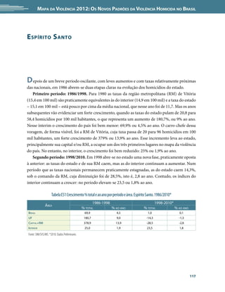 Mapa da Violência 2012: Os Novos Padrões da Violência Homicida no Brasil




E spírito S anto




D epois de um breve período oscilante, com leves aumentos e com taxas relativamente próximas
das nacionais, em 1986 abrem-se duas etapas claras na evolução dos homicídios do estado.
   Primeiro período: 1986/1998. Para 1980 as taxas da região metropolitana (RM) de Vitória
(15,4 em 100 mil) são praticamente equivalentes às do interior (14,9 em 100 mil) e a taxa do estado
– 15,1 em 100 mil – está pouco por cima da média nacional, que nesse ano foi de 11,7. Mas os anos
subsequentes vão evidenciar um forte crescimento, quando as taxas do estado pulam de 20,8 para
58,4 homicídios por 100 mil habitantes, o que representa um aumento de 180,7%, ou 9% ao ano.
Nesse ínterim o crescimento do país foi bem menor: 69,9% ou 4,5% ao ano. O carro-chefe dessa
voragem, de forma visível, foi a RM de Vitória, cuja taxa passa de 20 para 96 homicídios em 100
mil habitantes, um forte crescimento de 379% ou 13,9% ao ano. Esse incremento leva ao estado,
principalmente sua capital e/ou RM, a ocupar um dos três primeiros lugares no mapa da violência
do país. No entanto, no interior, o crescimento foi bem reduzido: 25% ou 1,9% ao ano.
   Segundo período: 1998/2010. Em 1998 abre-se no estado uma nova fase, praticamente oposta
à anterior: as taxas do estado e de sua RM caem, mas as do interior continuam a aumentar. Num
período que as taxas nacionais permanecem praticamente estagnadas, as do estado caem 14,3%,
sob o comando da RM, cuja diminuição foi de 28,5%, isto é, 2,8 ao ano. Contudo, os índices do
interior continuam a crescer: no período elevam-se 23,5 ou 1,8% ao ano.

                     Tabela ES1 Crescimento % total e ao ano por período e área. Espírito Santo. 1986/2010*
                                                     1986-1998                               1998-2010*
               Área
                                               % total         % ao ano                % total          % ao ano
Brasil                                          69,9               4,5                    1,0                 0,1
UF                                              180,7              9,0                   -14,3                -1,3
Capital+RM                                      378,9              13,9                  -28,5                -2,8
Interior                                        25,0               1,9                   23,5                 1,8

Fonte: SIM/SVS/MS. *2010: Dados Preliminares




                                                                                                                     117
 