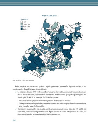 Mapa GO2. Goiás. 2010*
                taxa 2010*
                      0,0
                      0,0 --| 10,0
                     10,0 --| 26,0
                     26,0 --| +




Fonte: SIM/SVS/MS *2010: Dados Preliminares


   Pelos mapas acima e a tabela e gráfico a seguir, podem ser observadas algumas mudanças nas
configurações da violência da última década:
   •	 Se no mapa do ano 2000 podemos observar certa dispersão dos municípios com taxas aci-
      ma da média nacional, com um foco no entorno de Brasília no qual participam alguns dos
      municípios da RIDE, já no mapa de 2010 observamos:
       - Pesada intensificação nos municípios goianos do entrono de Brasília.
       - Emergência de um segundo foco antes inexistente, na microrregião do sudoeste de Goiás,
         com elevadas taxas de homicídio.
    •	 Os maiores incrementos na década acontecem em municípios da faixa de 100 a 200 mil
       habitantes, com destaque para Luziânia, Águas Lindas de Goiás e Valparaíso de Goiás, do
       entorno de Brasília, mas também Rio Verde, do interior.

126
 