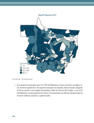 Mapa MT2. Mato Grosso. 2010*




                taxa 2010*
                      0,0
                       0,0 --| 10,0
                     10,0 --| 26,0
                     26,0 --| +




Fonte: SIM/SVS/MS *2010: Dados Preliminares


    •	 Já no grupo de municípios entre 50 e 500 mil habitantes as taxas cresceram, em alguns ca-
       sos, de forma significativa. No segundo município em tamanho, Várzea Grande, integrado
       de forma recente à nova região metropolitana (RM) do Vale do Rio Cuiabá, e com 252,5
       mil habitantes, as taxas passaram de 39 para 55,4 homicídios em 100 mil, ultrapassando em
       níveis de violência, inclusive, a capital Cuiabá.




138
 