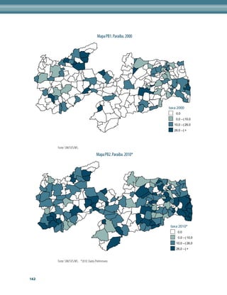 Mapa PB1. Paraíba. 2000




                                                                   taxa 2000
                                                                       0,0
                                                                       0,0 --| 10,0
                                                                      10,0 --| 26,0
                                                                      26,0 --| +




      Fonte: SIM/SVS/MS.
                                        Mapa PB2. Paraíba. 2010*




                                                                    taxa 2010*
                                                                        0,0
                                                                        0,0 --| 10,0
                                                                       10,0 --| 26,0
                                                                       26,0 --| +



      Fonte: SIM/SVS/MS. *2010: Dados Preliminares



162
 