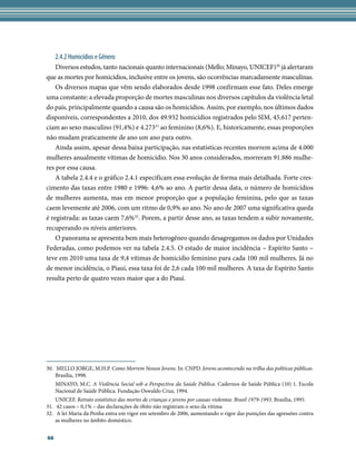 2.4.2 Homicídios e Gênero
    Diversos estudos, tanto nacionais quanto internacionais (Mello; Minayo, UNICEF)30 já alertaram
que as mortes por homicídios, inclusive entre os jovens, são ocorrências marcadamente masculinas.
    Os diversos mapas que vêm sendo elaborados desde 1998 confirmam esse fato. Deles emerge
uma constante: a elevada proporção de mortes masculinas nos diversos capítulos da violência letal
do país, principalmente quando a causa são os homicídios. Assim, por exemplo, nos últimos dados
disponíveis, correspondentes a 2010, dos 49.932 homicídios registrados pelo SIM, 45.617 perten-
ciam ao sexo masculino (91,4%) e 4.27331 ao feminino (8,6%). E, historicamente, essas proporções
não mudam praticamente de ano um ano para outro.
    Ainda assim, apesar dessa baixa participação, nas estatísticas recentes morrem acima de 4.000
mulheres anualmente vítimas de homicídio. Nos 30 anos considerados, morreram 91.886 mulhe-
res por essa causa.
    A tabela 2.4.4 e o gráfico 2.4.1 especificam essa evolução de forma mais detalhada. Forte cres-
cimento das taxas entre 1980 e 1996: 4,6% ao ano. A partir dessa data, o número de homicídios
de mulheres aumenta, mas em menor proporção que a população feminina, pelo que as taxas
caem levemente até 2006, com um ritmo de 0,9% ao ano. No ano de 2007 uma significativa queda
é registrada: as taxas caem 7,6%32. Porem, a partir desse ano, as taxas tendem a subir novamente,
recuperando os níveis anteriores.
    O panorama se apresenta bem mais heterogêneo quando desagregamos os dados por Unidades
Federadas, como podemos ver na tabela 2.4.5. O estado de maior incidência – Espírito Santo –
teve em 2010 uma taxa de 9,4 vítimas de homicídio feminino para cada 100 mil mulheres. Já no
de menor incidência, o Piauí, essa taxa foi de 2,6 cada 100 mil mulheres. A taxa de Espírito Santo
resulta perto de quatro vezes maior que a do Piauí.




30.	 MELLO JORGE, M.H.P. Como Morrem Nossos Jovens. In: CNPD. Jovens acontecendo na trilha das políticas públicas.
    Brasília, 1998.
	    MINAYO, M.C. A Violência Social sob a Perspectiva da Saúde Pública. Cadernos de Saúde Pública (10) 1. Escola
     Nacional de Saúde Pública. Fundação Oswaldo Cruz, 1994.
	 UNICEF. Retrato estatístico das mortes de crianças e jovens por causas violentas: Brasil 1979-1993. Brasília, 1995.
31.	 42 casos – 0,1% – das declarações de óbito não registram o sexo da vítima
32.	 A lei Maria da Penha entra em vigor em setembro de 2006, aumentando o rigor das punições das agressões contra
    as mulheres no âmbito doméstico.


66
 