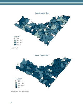 Mapa AL1. Alagoas, 2000.




        taxa 2000
               0,0
              0,0 --| 10,0
             10,0 --| 26,0
             26,0 --| +

Fonte: SIM/SVS/MS




                                              Mapa AL2. Alagoas, 2010*




           taxa 2010*
                    0,0
                    0,0 --| 10,0
                10,0 --| 26,0
                26,0 --| +


Fonte: SIM/SVS/MS *2010: Dados Preliminares




90
 