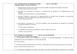 GT4 – GÊNERO, PRÁTICAS E REPRESENTAÇÕES.          LOCAL: AUDITÓRIO
COORDENADORA: ANA RITA FONTELES

   1. PERCURSOS DE GÊNERO: NOTAS PARA UM ESTUDO SOBRE MULHERES NO CAMPO DA POLÍTICA
      AUTORA: Rebeca do Nascimento Coelho

   2. DOUTRINA DE SEGURANÇA NACIONAL: A CONSTRUÇÃO DE MODELOS DE COMPORTAMENTO DE
      GÊNERO.
      AUTORA: Karla Cristine Rodrigues E Letícia Lopes Saldanha

   3. HISTÓRIA, GÊNERO E EDUCAÇÃO: AS MOBILIZAÇÕES DE GÊNERO PELA DITADURA CIVIL-MILITAR
      BRASILEIRA SOB UMA PERSPECTIVA DA EDUCAÇÃO. (1964-1985)
      AUTOR: Thiago de Sales Silva



   4. DUPLAMENTE SUBVERSIVAS: A ATUAÇÃO FEMININA NOS MOVIMENTOS DE OPOSIÇÃO AO REGIME
      CIVIL-MILITAR BRASIL (1964-1985)

       AUTORA: Raquel Caminha Rocha

   5. . A CONSTRUÇÃO DA EDUCAÇÃO MORAL E CÍVICA NA DÉCADA DE 1960
       AUTORA: Valesca Gomes Rios


GT5 – MEMÓRIA E PATRIMÔNIO.                  LOCAL: SALA DO MESTRADO
Coordenador: Antonio Gilberto Ramos Nogueira
1 - DO CENTRO NACIONAL DE REFERÊNCIA CULTURAL AO SPHAN/PRÓ-MEMÓRIA: AS DISPUTAS PELA
REPRESENTAÇÃO DO PATRIMÔNIO CULTURAL BRASILEIRO
autor: Roberto Sabino

2 - CENTRO NACIONAL DE REFERÊNCIA CULTURAL – DOCUMENTOS PARA ESTUDO DE POLÍTICAS CULTURAIS
Autora: Amanda Gabrielle de Queiroz Costa

3 - O CENTRO DE REFERÊNCIA CULTURAL DO CEARÁ (1976-1990): INVENTÁRIO E LEITURA DE UM ACERVO
 