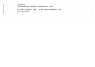 HISTÓRICO
Autores: Eduardo da Silva Moura e Israel Carvalho de Oliveira

4- O PATRIMÔNIO IMATERIAL E OS MECANISMOS DE PRESERVAÇÃO.
Autor: Jana Rafaella
 