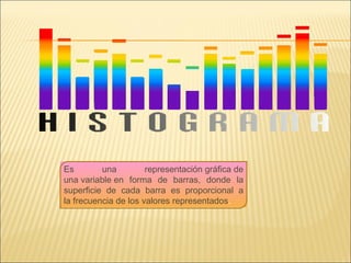 Es una representación gráfica de una variable en forma de barras, donde la superficie de cada barra es proporcional a la frecuencia de los valores representados .  