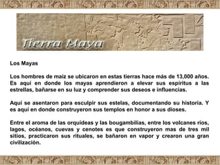 Los Mayas

Los hombres de maíz se ubicaron en estas tierras hace más de 13,000 años.
Es aquí en donde los mayas aprendiero...