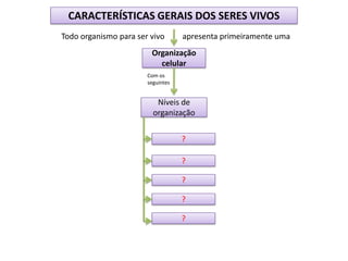 CARACTERÍSTICAS GERAIS DOS SERES VIVOS     Todo organismo para ser vivo         apresenta primeiramente umaOrganização celularCom os seguintesNíveis de organização?????