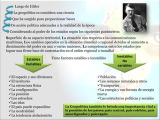 Luego de Hitler
La geopolítica es considera una ciencia
Que ha surgido para proporcionar bases
De acción política adecuadas a la realidad de la época
Considerando al poder de los estados según los siguientes parámetros:
Superficie de su espacio territorial, La situación con respecto a las comunicaciones
marítimas, Los cambios operados en la situación mundial o regional debidos al aumento o
disminución del poder en una o varias naciones, La competencia entre los estados por
lograr una firme base de sustentación en el orden regional o mundial
Tiene factores estables e inestablesEstables
Variables
Inestables
No
variables
El espacio y sus divisiones
El territorio
La estructura física
La configuración
La posición
Los estrechos
Las islas
El país puede expandirse
La neutralidad
La tendencia aislacionista
Población
Los recursos naturales y otros
Transportes
La energía y sus formas de energía
nueva
Las estructuras políticas y sociales
La Geopolítica también le brinda una importancia vital a
la posición de los países; país central, país colchón, país
amortiguador y país tapón
 