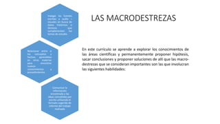 LAS MACRODESTREZASIndagar las fuentes
escritas y audio –
visuales en busca de
datos históricos o
técnicos que
complementen los
temas de estudio.
Relacionar entre si
los conceptos y
hechos aprendidos
en otras materias
para encontrar
nuevos
conocimientos y
procedimientos
Comunicar la
información
encontrada o las
ideas concebidas por
escrito utilizando el
formato sugerido de
informe del trabajo
realizado
En este currículo se aprende a explorar los conocimientos de
las áreas científicas y permanentemente proponer hipótesis,
sacar conclusiones y proponer soluciones de allí que las macro-
destrezas que se consideran importantes son las que involucran
las siguientes habilidades:
 