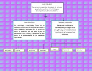 2502535-792480CAPASIDADES  Se denomina capacidad al conjunto de recursos y aptitudes que tiene un individuo para desempeñar una determinada tarea00CAPASIDADES  Se denomina capacidad al conjunto de recursos y aptitudes que tiene un individuo para desempeñar una determinada tarea<br />40868607429500<br />204533523939500602170523939500204533523939500Se en: <br />4725035224155Capacidades condicionales.Estas capacidades están determinadas por los procesos energéticos y del metabolismo de rendimiento de la musculatura voluntaria.00Capacidades condicionales.Estas capacidades están determinadas por los procesos energéticos y del metabolismo de rendimiento de la musculatura voluntaria.546100224155Capacidades físicasLas cualidades o capacidades físicas son los componentes básicos de la condición física y por lo tanto elementos esenciales para la prestación  motriz y deportiva, por ello para mejorar el rendimiento físico el trabajo a desarrollar se debe basar en el entrenamiento de las diferentes capacidades.00Capacidades físicasLas cualidades o capacidades físicas son los componentes básicos de la condición física y por lo tanto elementos esenciales para la prestación  motriz y deportiva, por ello para mejorar el rendimiento físico el trabajo a desarrollar se debe basar en el entrenamiento de las diferentes capacidades.<br />-5060952997200RESISTENCIA00RESISTENCIA6883402997835FUERZA00FUERZA21520152997835VELOCIDAD00VELOCIDAD33426402997835MIVILIDAD00MIVILIDAD1099185244475000282130524447500038741352444750003016252444115003016252444115002152015199771000<br />6181725-825500<br />795718511557000472503511493500618172511493500472503511493500<br />4629150252730Fuerza00Fuerza<br />741489522225Velocidad00Velocidad591502521590Resistencia00Resistencia<br />