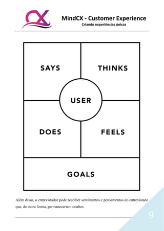 MindCX - Customer Experience
Criando experiências únicas
9
Além disso, o entrevistador pode recolher sentimentos e pensamentos do entrevistado
que, de outra forma, permaneceriam ocultos.
 