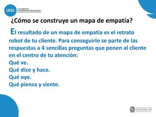 ¿Cómo se construye un mapa de empatía?
El resultado de un mapa de empatía es el retrato
robot de tu cliente. Para conseguirlo se parte de las
respuestas a 4 sencillas preguntas que ponen al cliente
en el centro de tu atención:
Qué ve.
Qué dice y hace.
Qué oye.
Qué piensa y siente.
 