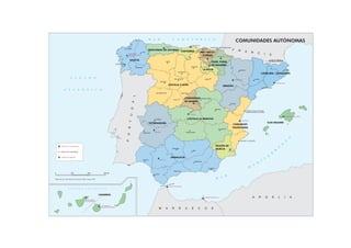 COMUNIDADES AUTÓNOMAS
Elaborado por Atlas Nacional de España (IGN) y Equipo AGE
km
0 100 200 300
GALICIA
A CORUÑA
PONTEVEDRA
OURENSE
LUGO
SANTIAGO
DE COMPOSTELA
OVIEDO
CASTILLA-LA MANCHA
SANTANDER
CANTABRIA PAÍS VASCO/
EUSKADI
DONOSTIA - SAN SEBASTIÁN
VITORIA-GASTEIZ
BILBAO
LOGROÑO
LA RIOJA
PAMPLONA / IRUÑA
CDAD. FORAL
DE NAVARRA
HUESCA
TERUEL
ZARAGOZA
ARAGÓN
LLEIDA
CATALUÑA / CATALUNYA
BARCELONA
TARRAGONA
GIRONA
LEÓN
PALENCIA
BURGOS
SORIA
ZAMORA
SALAMANCA
ÁVILA
SEGOVIA
COMUNIDAD
DE MADRID
MADRID
TOLEDO
GUADALAJARA
CUENCA
ALBACETE
CIUDAD REAL
COMUNITAT
VALENCIANA
CASTELLÓ DE LA PLANA /
CASTELLÓN DE LA PLANA
MURCIA
VALENCIA
ALACANT / ALICANTE
ILLES BALEARS
PALMA DE MALLORCA
REGIÓN DE
MURCIA
CÁCERES
BADAJOZ MÉRIDA
ANDALUCÍA
SEVILLA
HUELVA
CÁDIZ
MÁLAGA
ALMERÍA
GRANADA
JAÉN
CÓRDOBA
LAS PALMAS
DE GRAN CANARIA
SANTA CRUZ
DE TENERIFE
CIUDAD DE CEUTA
CIUDAD DE MELILLA
PRINCIPADO DE ASTURIAS
CASTILLA Y LEÓN
EXTREMADURA
CANARIAS
VALLADOLID
O C É A N O
A T L Á N T I C O
M A R
M
E
D
I
T
E
R
R
Á
N
E
O
M A R C A N T Á B R I C O
Estrecho de Gibraltar
O C É A N O A T L Á N T I C O
P
O
R
T
U
G
A
L
F R A N C I A
ANDORRA
M A R R U E C O S
A R G E L I A
CAPITAL DE COMUNIDAD
CAPITAL DE PROVINCIA
CIUDAD AUTÓNOMA
 