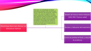 Metodologia Basica para efectuar una
Estimulacion Matricial
Modelo de fractura miento Hidráulico
(KGD, PKN Y fractura radial)
Bombeo y Calibración del tratamiento.
Control de perdida de fluido, y solución
de problemas.
 