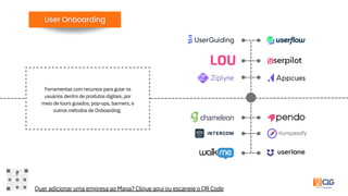 Ferramentas com recursos para guiar os
usuários dentro de produtos digitais, por
meio de tours guiados, pop-ups, banners, e
outros métodos de Onboarding.
Quer adicionar uma empresa ao Mapa? Clique aqui ou escaneie o QR Code
 