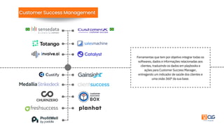 Ferramentas que tem por objetivo integrar todas os
softwares, dados e informações relacionadas aos
clientes, traduzindo os dados em playbooks e
ações para Customer Success Manager,
entregando um indicador de saúde dos clientes e
uma visão 360º da sua base.
 
