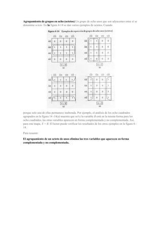 Agrupamiento de grupos en ocho (octetos) Un grupo de ocho unos que son adyacentes entre sí se
denomina octeto. En la figura 4-14 se dan varios ejemplos de octetos. Cuando

porque solo una de ellas permanece inalterada. Por ejemplo, el análisis de los ocho cuadrados
agrupados en la figura 14 -14(a) muestra que so1o la variable B está en la misma forma para los
ocho cuadrados; las otras variables aparecen en forma complementada y no complementada. Así,
para este mapa, X = B. El lector puede verificar los resultados de los otros ejemplos en la figura 4 14.
Para resumir:
El agrupamiento de un octeto de unos elimina las tres variables que aparecen en forma
complementada y no complementada.

 