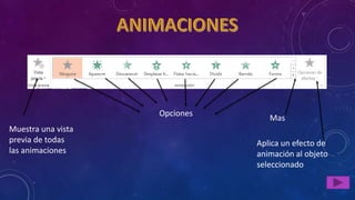Muestra una vista
previa de todas
las animaciones
Opciones
Mas
Aplica un efecto de
animación al objeto
seleccionado
 